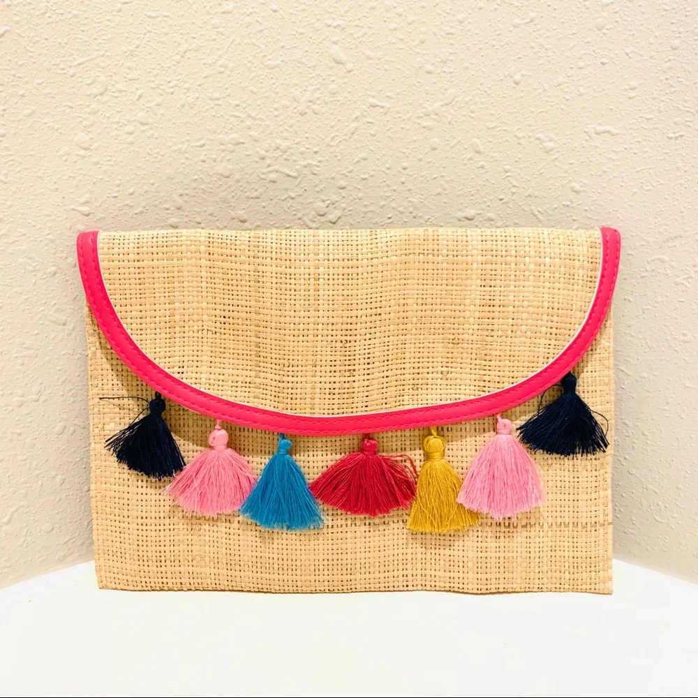 Imoshion Straw Natural Multicolored Tassels Clutch NWT